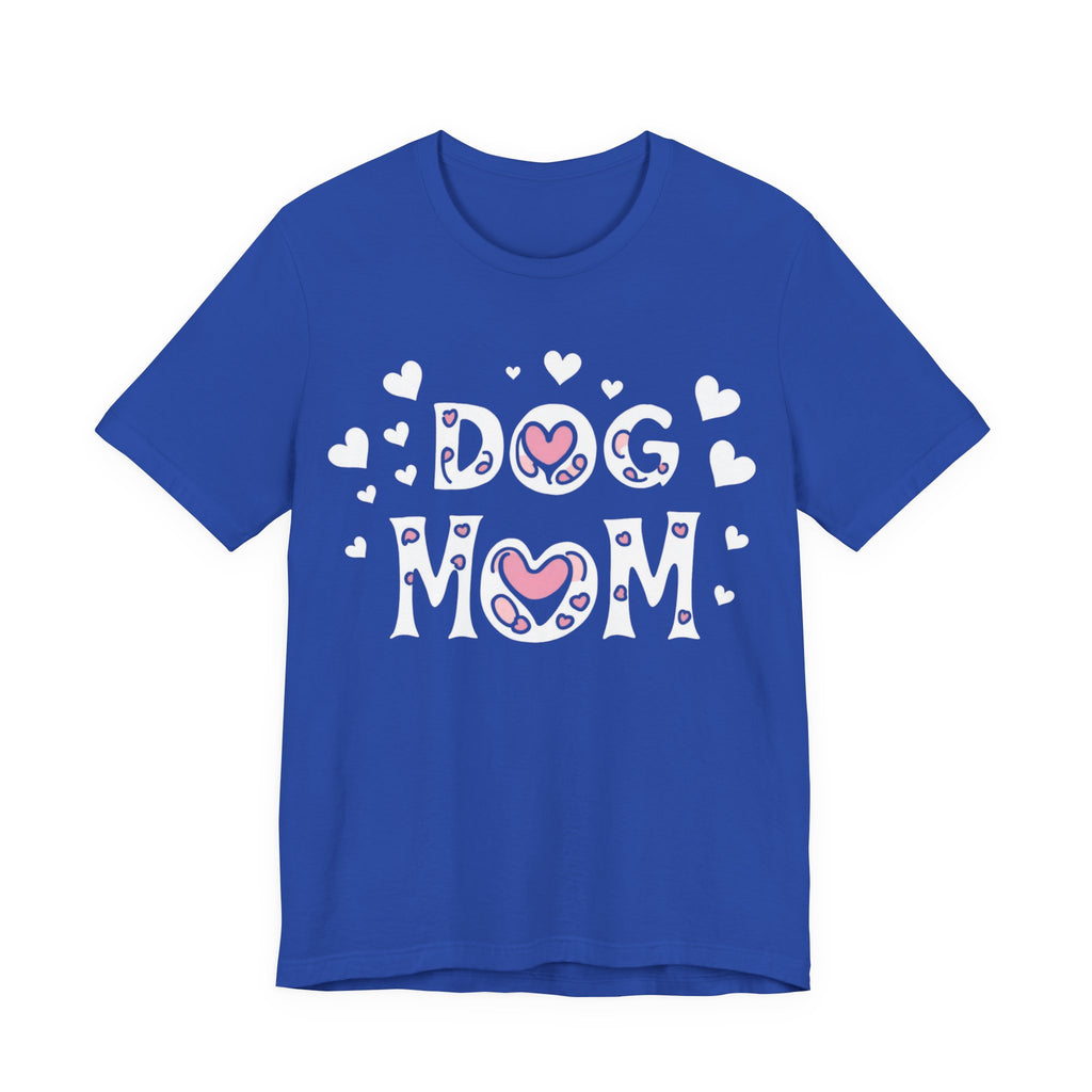 Dog Mom with Hearts Cotton Short Sleeve T-Shirt, Casual Wear, Gift for her, Everyday Favorite, Cute Graphic Tee, Free Shipping
