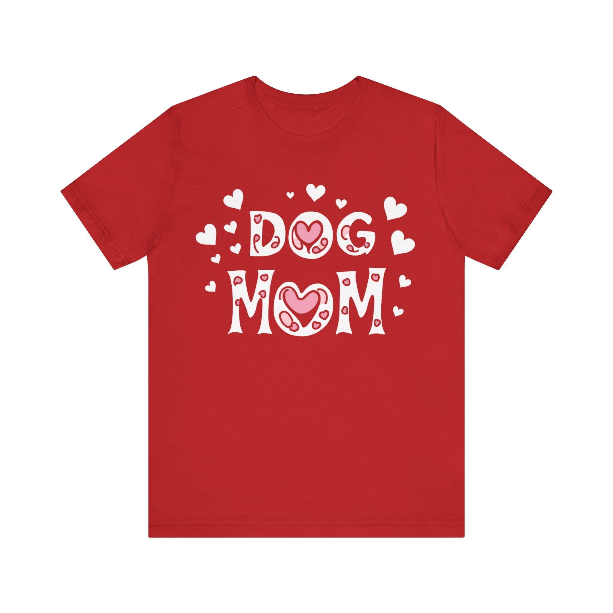 Dog Mom with Hearts Cotton Short Sleeve T-Shirt, Casual Wear, Gift for her, Everyday Favorite, Cute Graphic Tee, Free Shipping