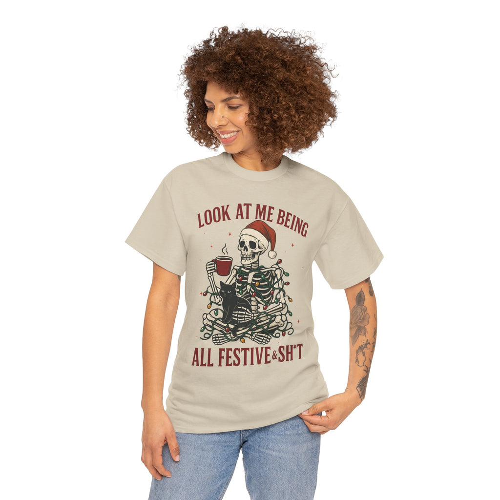 Festive Skeleton Tee, Unisex Cotton T-Shirt for Parties, Halloween, Christmas, Holiday Gifts, Fun Party Wear