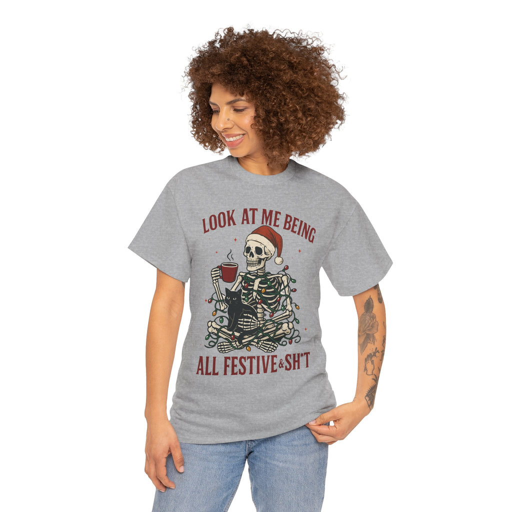 Festive Skeleton Tee, Unisex Cotton T-Shirt for Parties, Halloween, Christmas, Holiday Gifts, Fun Party Wear