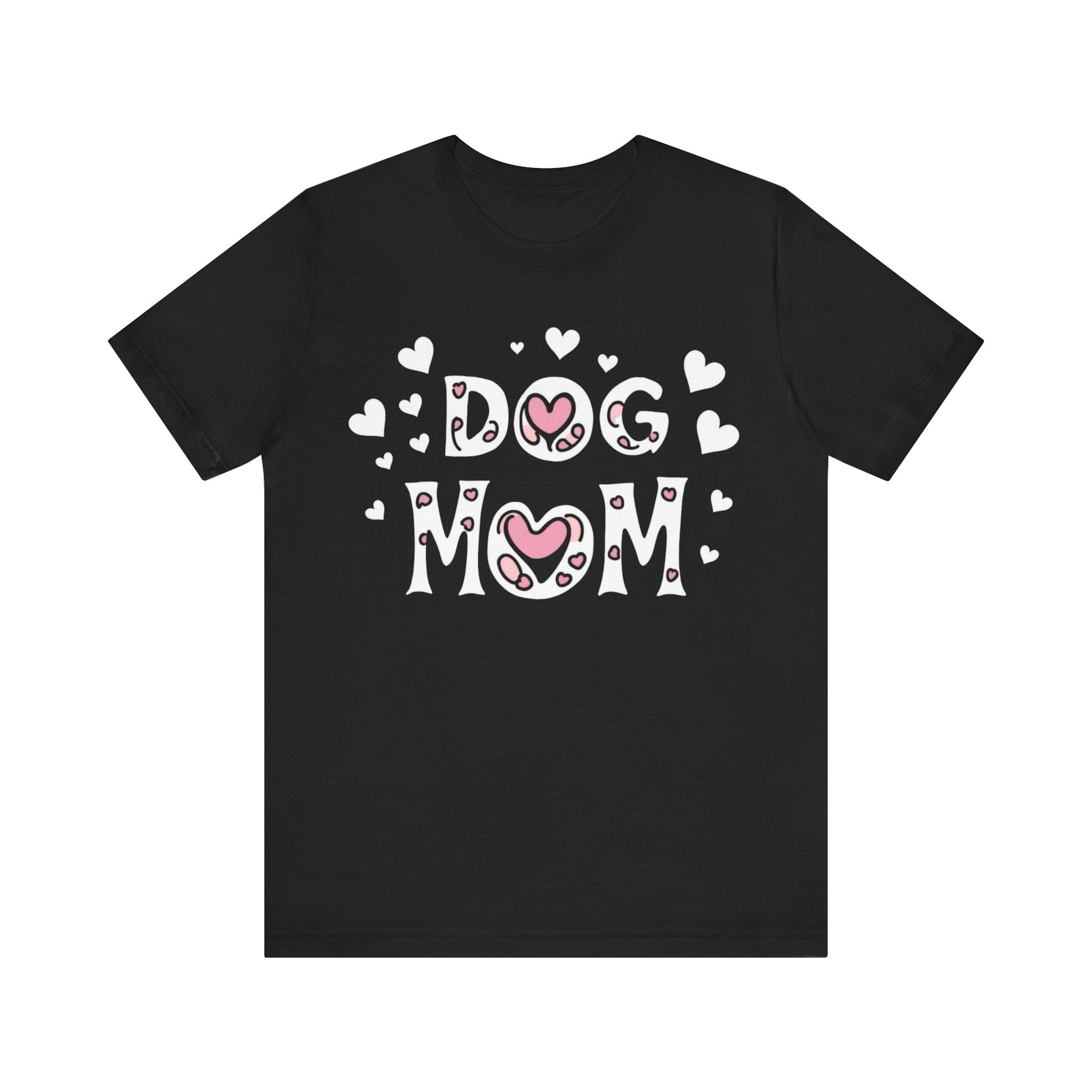 Dog Mom with Hearts Cotton Short Sleeve T-Shirt, Casual Wear, Gift for her, Everyday Favorite, Cute Graphic Tee, Free Shipping