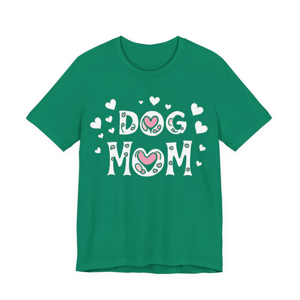 Dog Mom with Hearts Cotton Short Sleeve T-Shirt, Casual Wear, Gift for her, Everyday Favorite, Cute Graphic Tee, Free Shipping