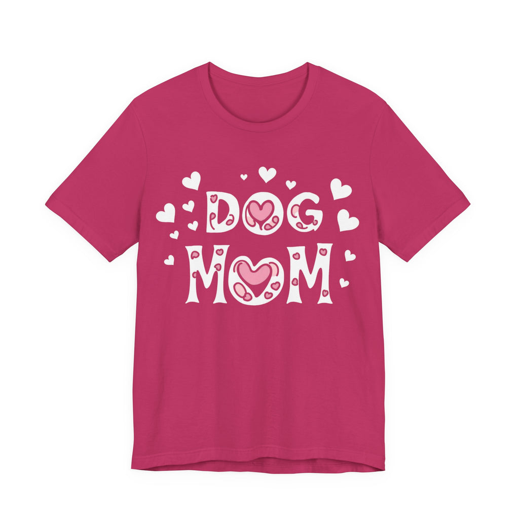 Dog Mom with Hearts Cotton Short Sleeve T-Shirt, Casual Wear, Gift for her, Everyday Favorite, Cute Graphic Tee, Free Shipping