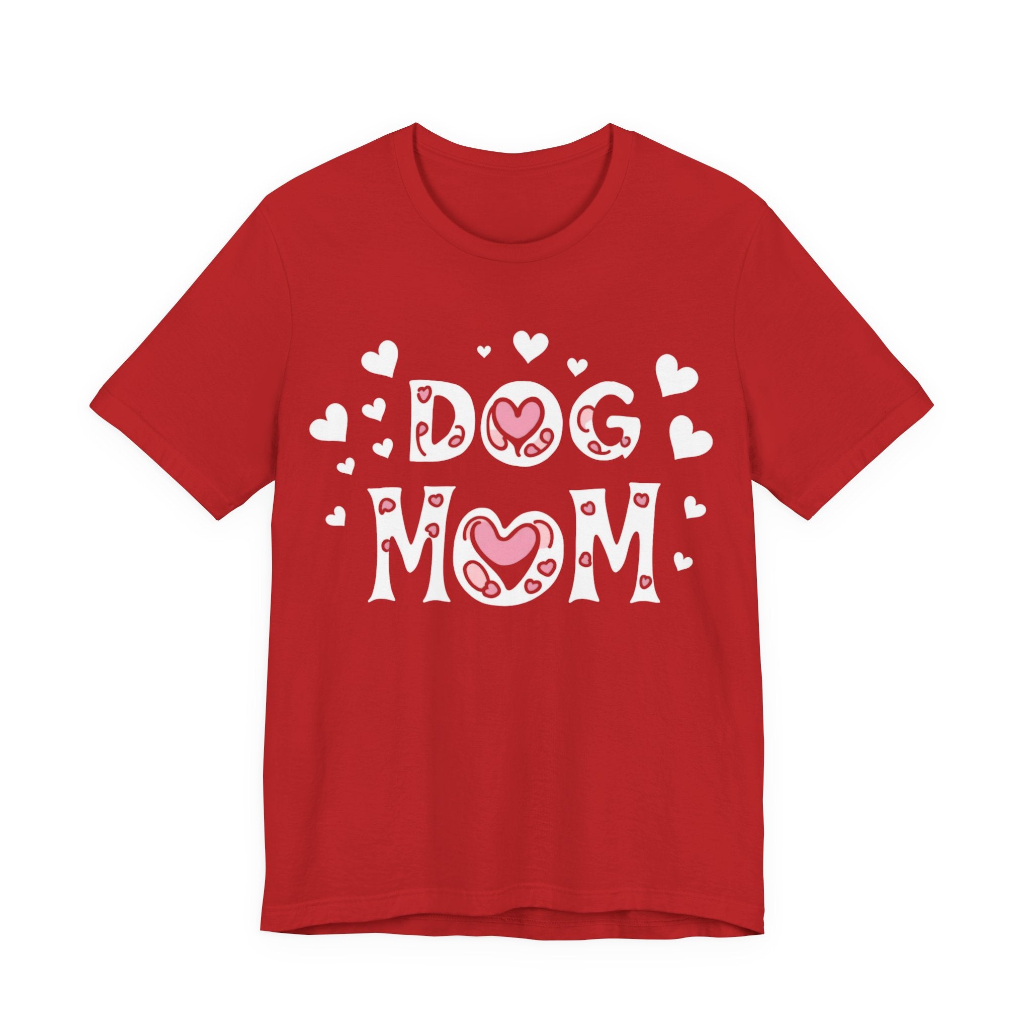 Dog Mom with Hearts Cotton Short Sleeve T-Shirt, Casual Wear, Gift for her, Everyday Favorite, Cute Graphic Tee, Free Shipping